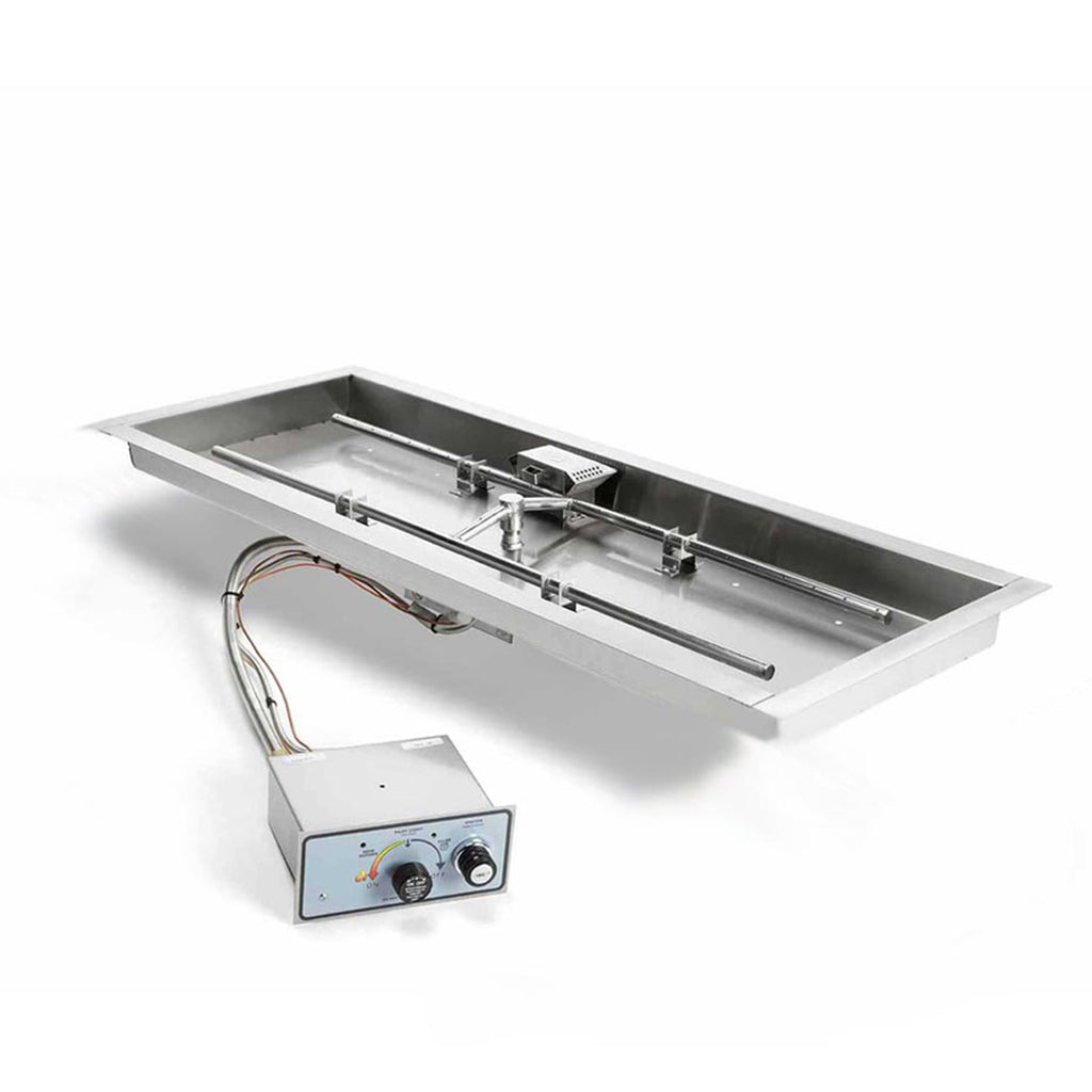 Rectangular stainless steel gas fire pit burner pan kit with control box and burner tubes