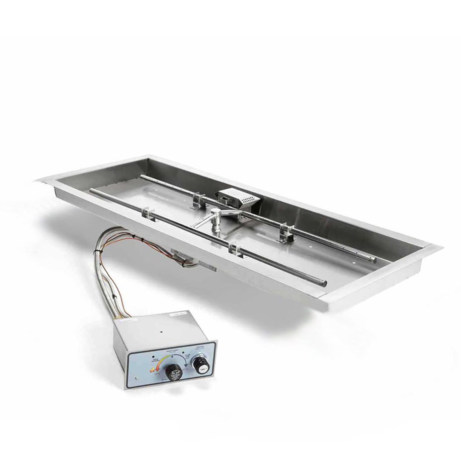 Rectangular stainless steel gas fire pit burner pan kit with control box and burner tubes