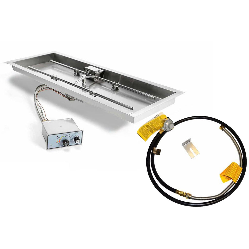 Gas fire pit burner kit with rectangular pan, control box, and black gas hose