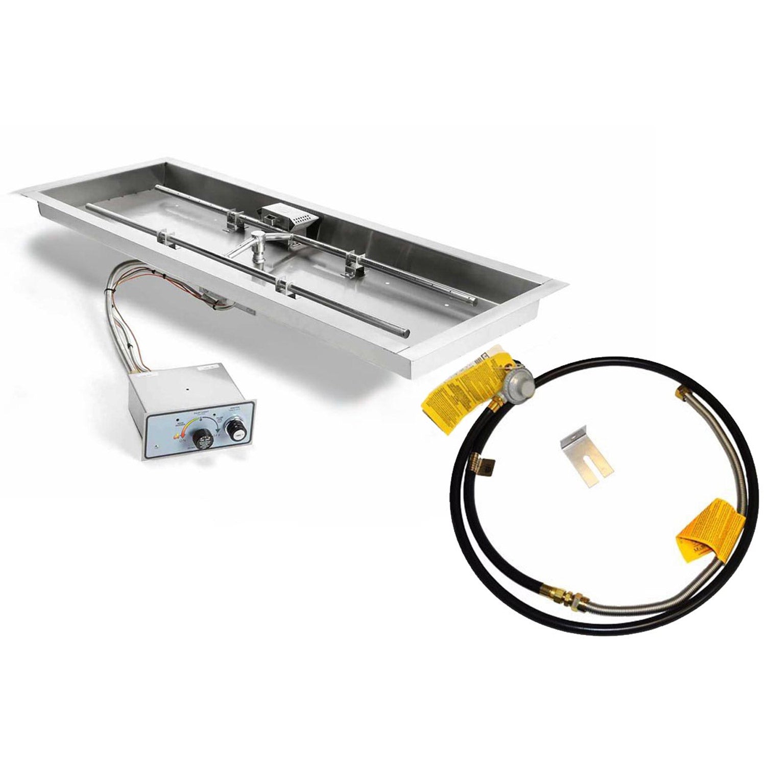 Gas fire pit burner kit with rectangular pan, control box, and black gas hose