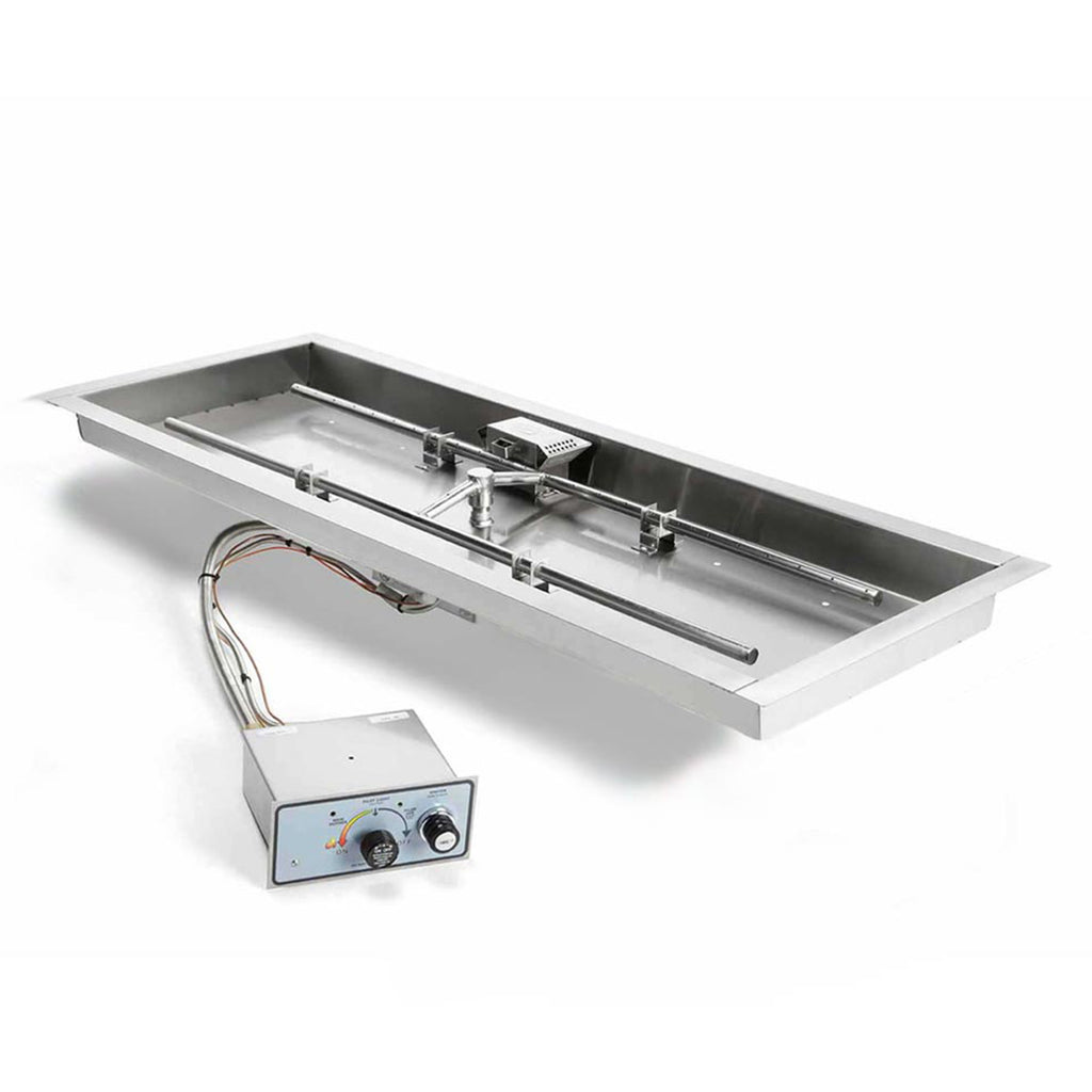 Rectangular gas fire pit burner pan with push-button control module