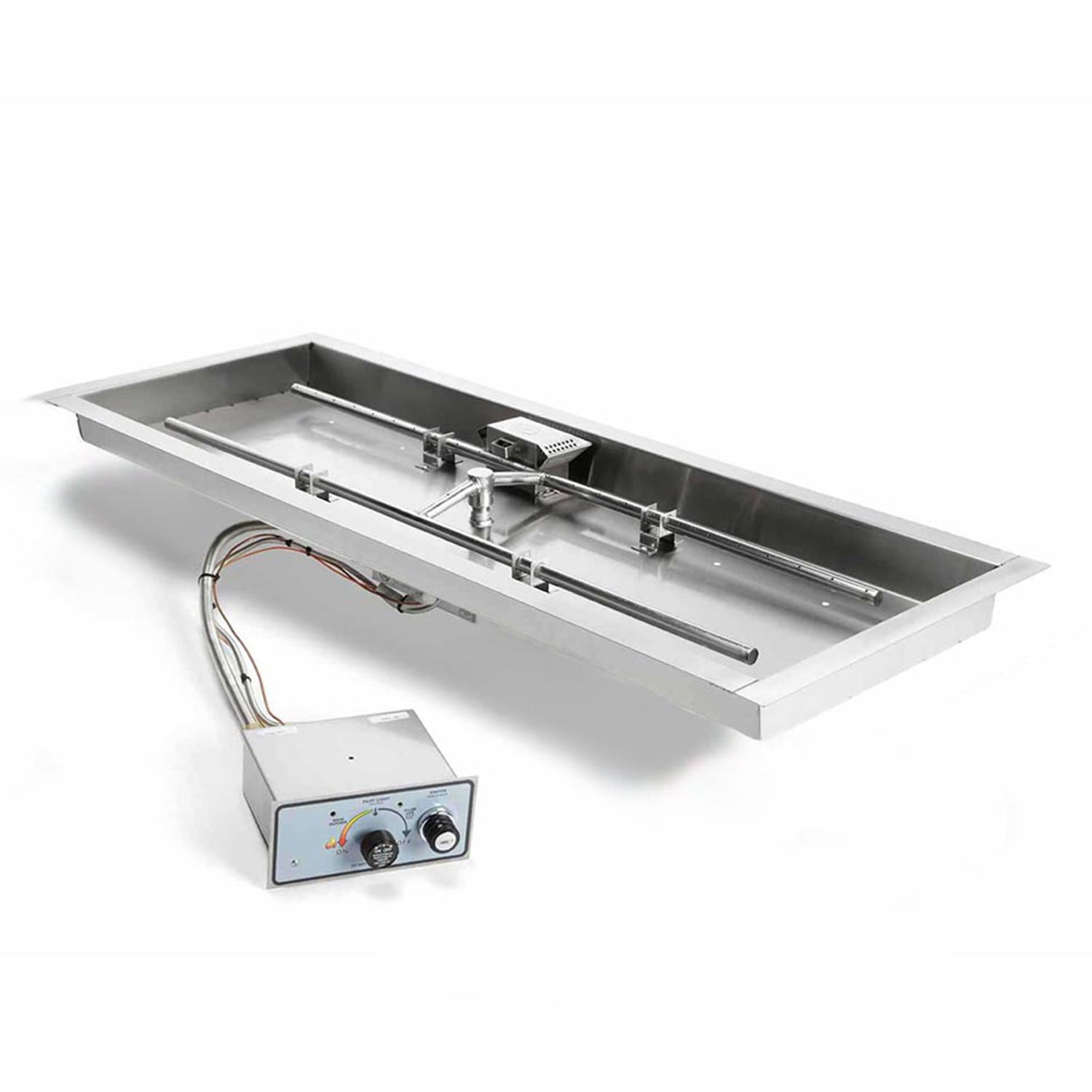 Rectangular gas fire pit burner pan with push-button control module