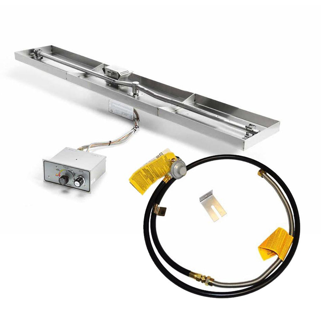 Linear gas fire pit kit with burner pan, control box, and gas hose with regulator