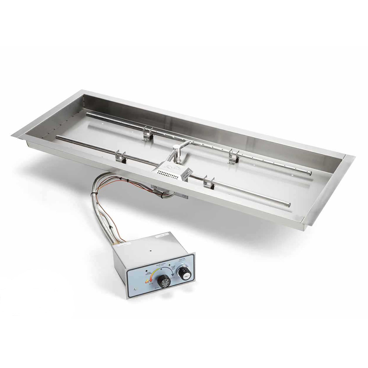 Rectangular gas fire pit burner pan kit with integrated ignition and control box