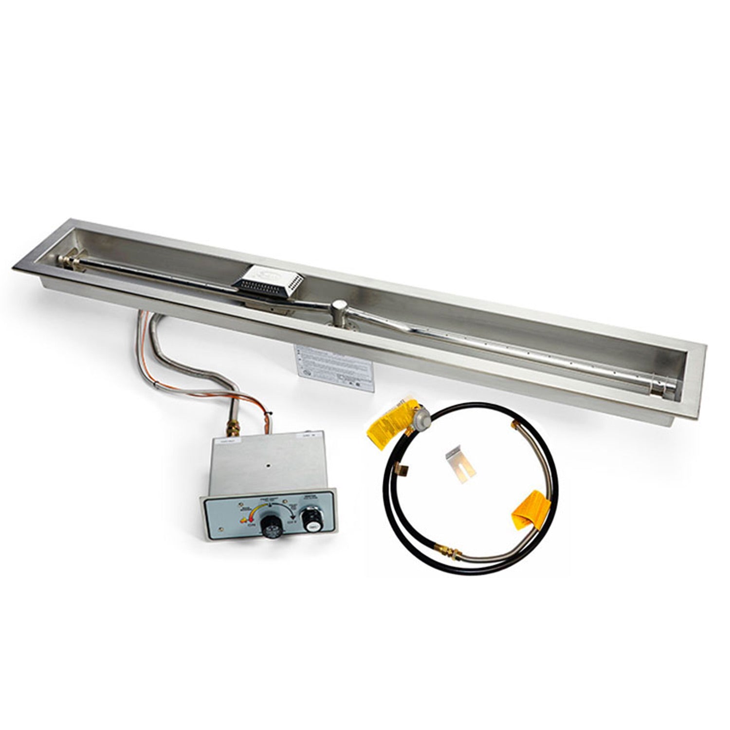 Stainless steel linear gas burner kit with control module and gas hose connectors