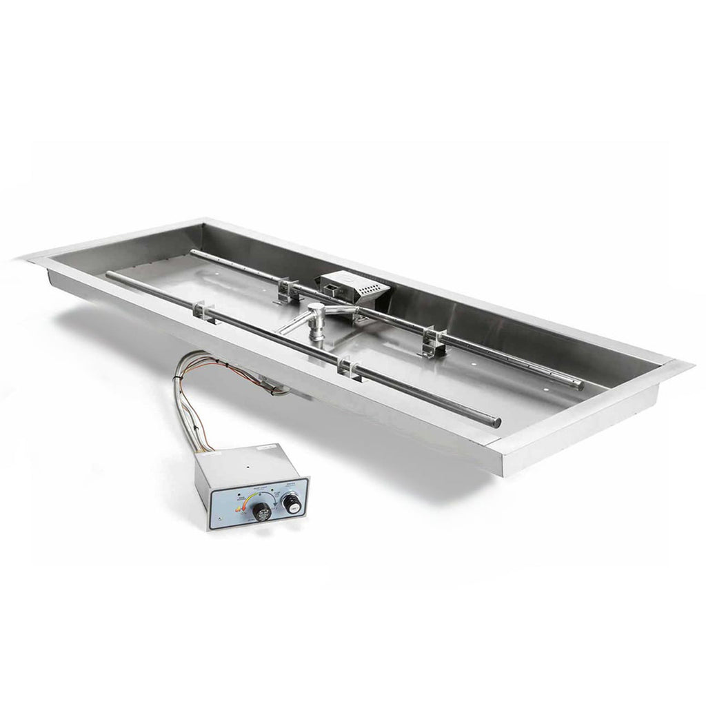Rectangular stainless steel gas fire pit burner pan kit with control box and ignition wires