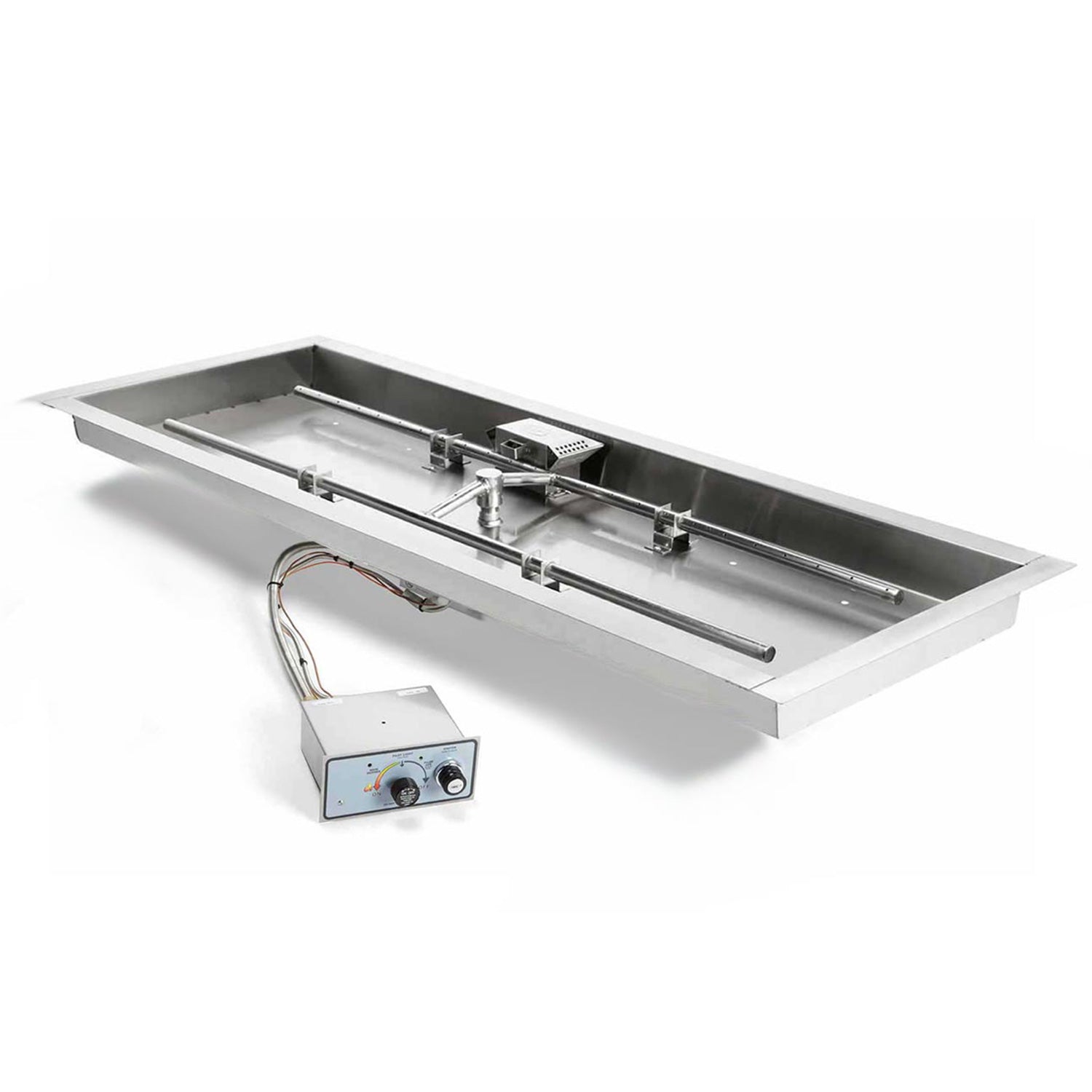 Rectangular stainless steel gas fire pit burner pan kit with control box and ignition wires