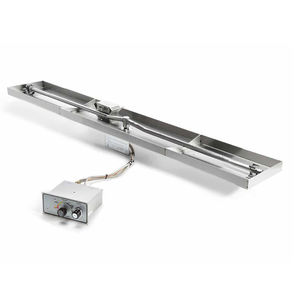 Linear gas burner pan kit with control box and wiring, rectangular stainless steel