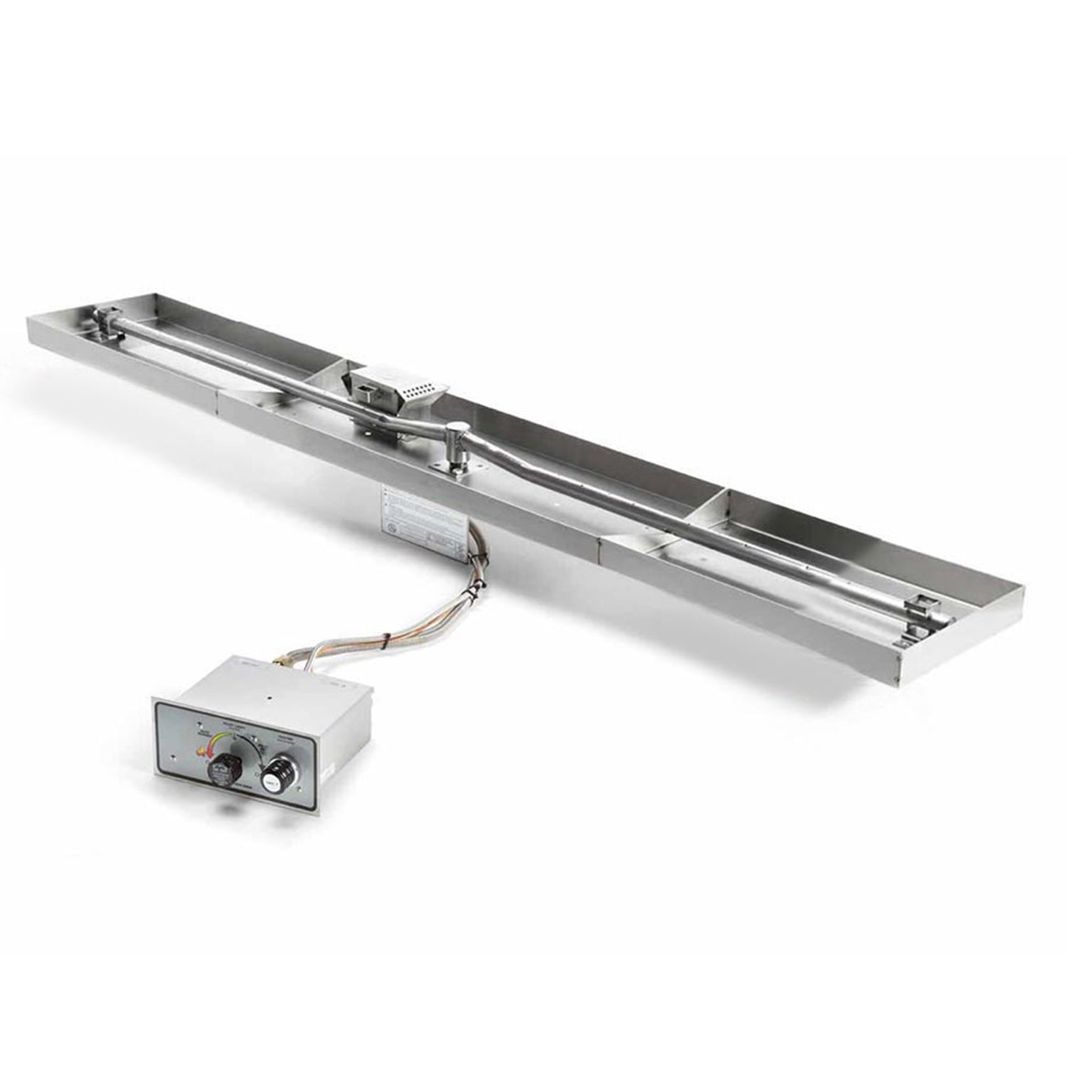 Linear gas burner pan kit with control box and wiring, rectangular stainless steel