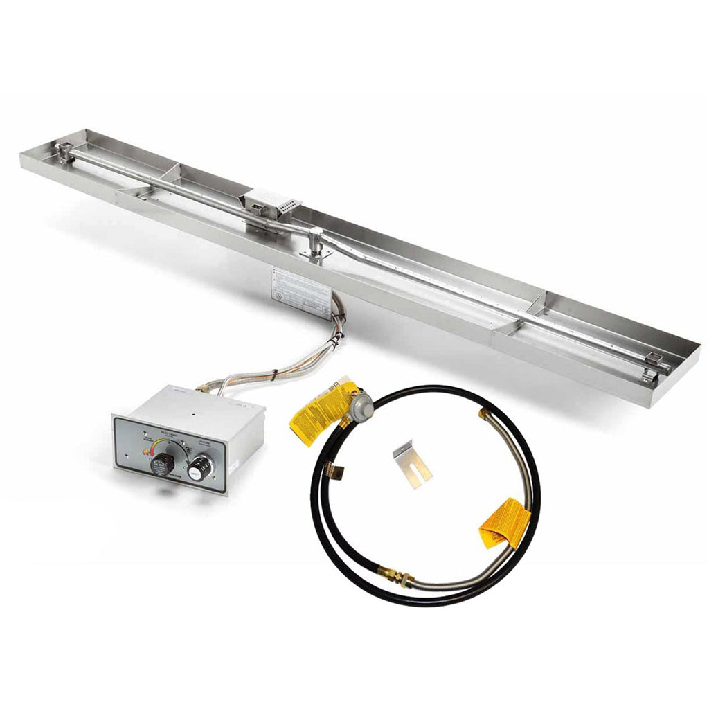 Linear gas burner pan kit with control box, wiring harness with yellow connectors