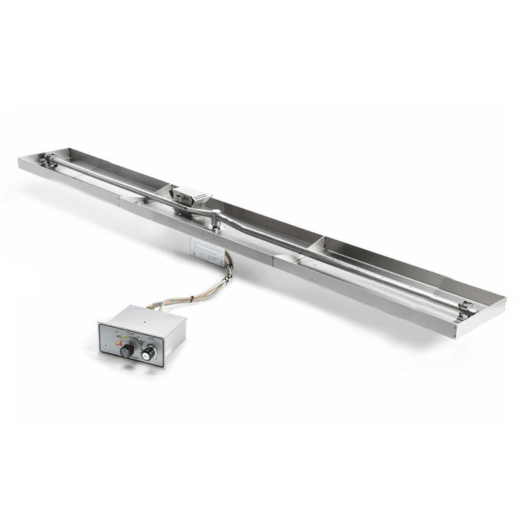 Linear gas burner pan kit with control box and cables, long stainless steel assembly