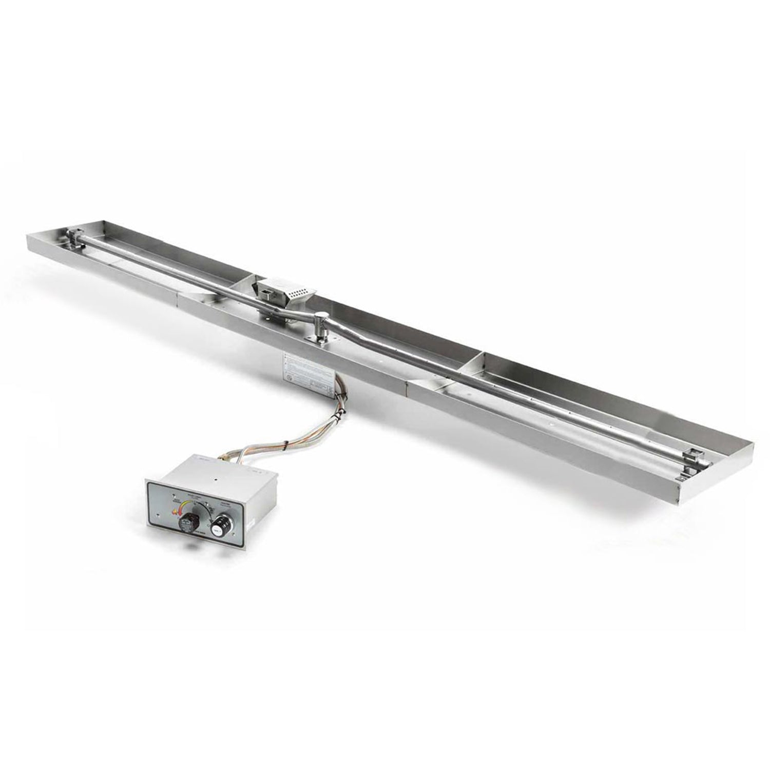 Linear gas burner pan kit with control box and cables, long stainless steel assembly