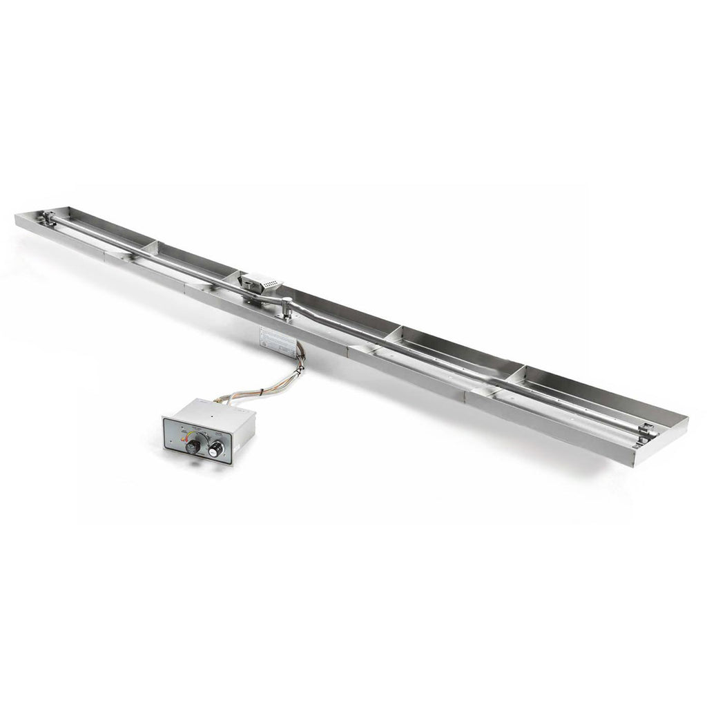 Linear gas burner pan kit with control box and stainless steel burner strip