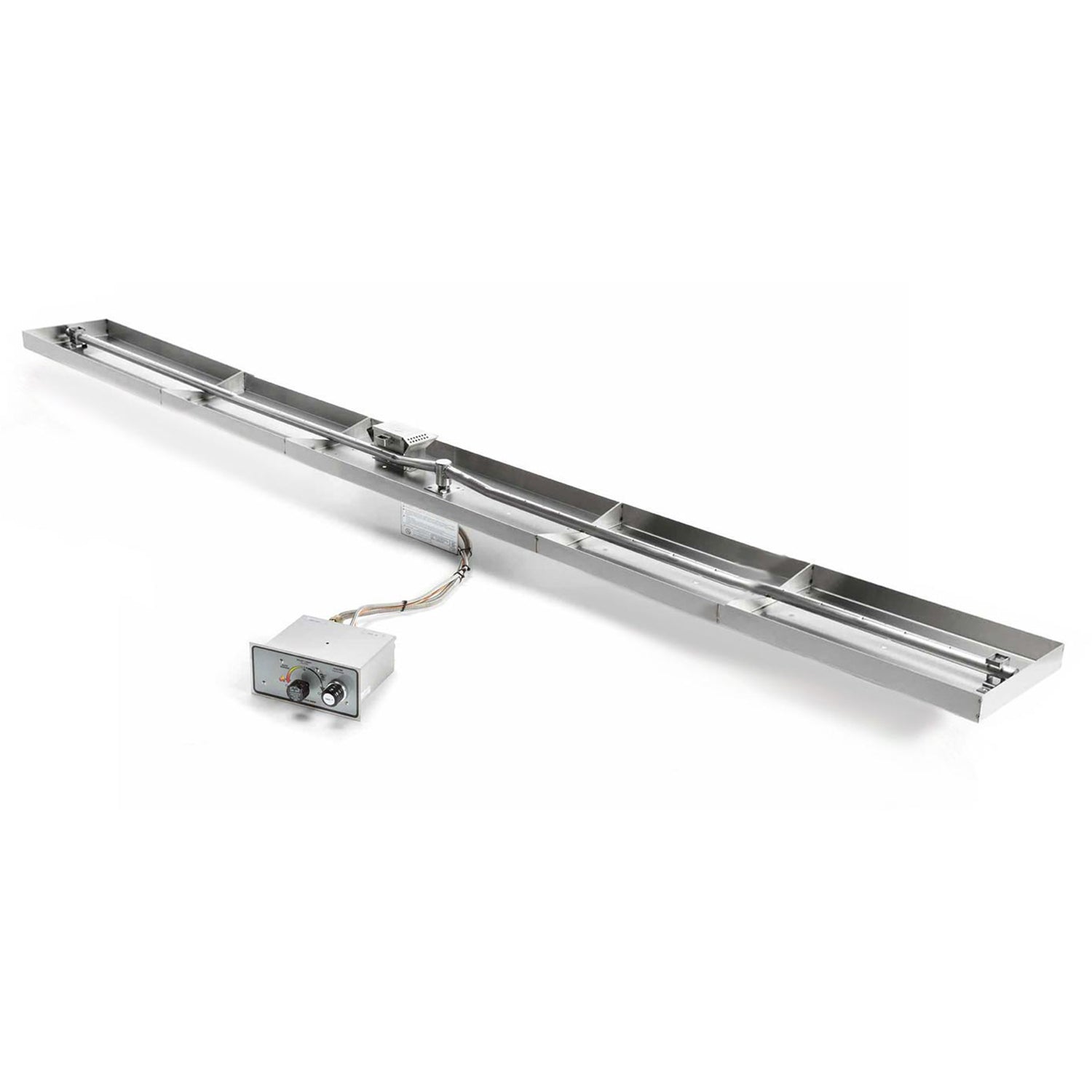 Linear gas burner pan kit with control box and stainless steel burner strip
