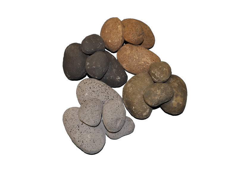 Multicolor ceramic fiber river rocks in dark gray, brown, and black pile