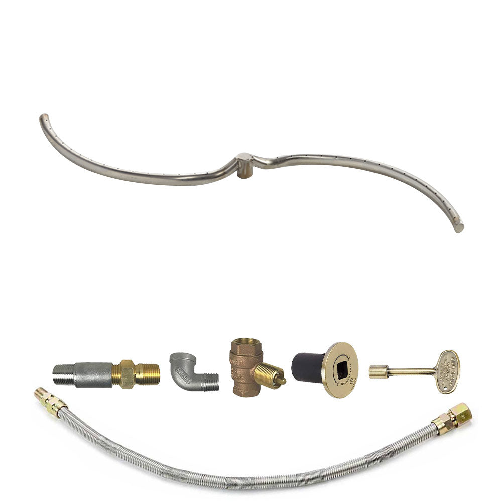 Fire pit burner kit with long metal tube, flexible hose, brass fittings, and gold control plate