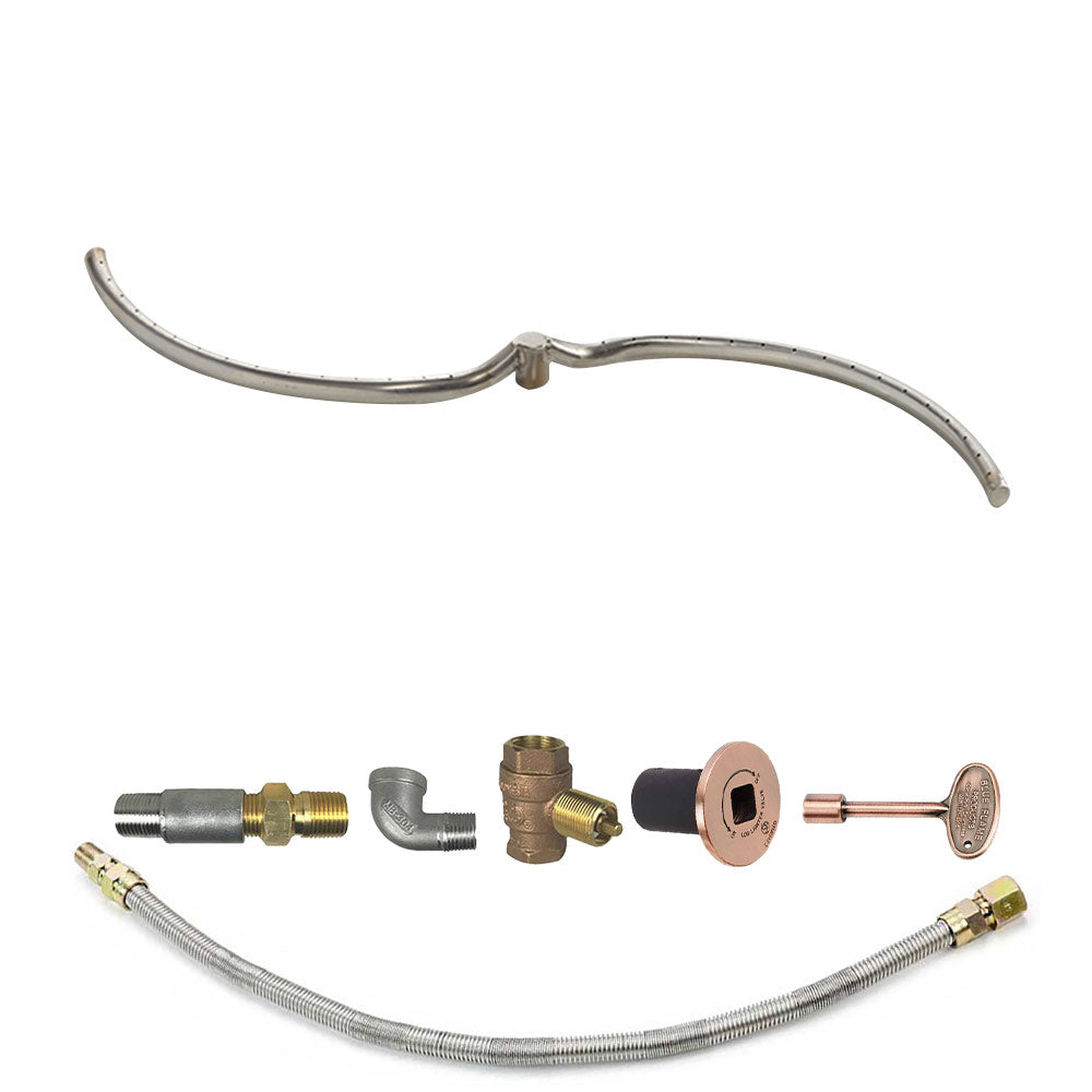 Fire pit burner kit with long metal tube, flexible hose, brass fittings, and bronze control plate