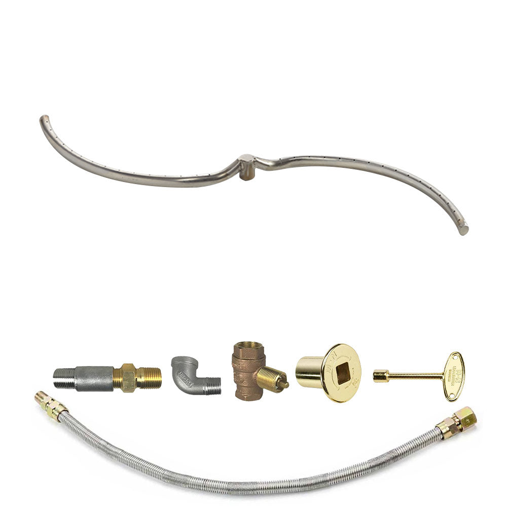 Fire pit burner kit with long metal tube, flexible hose, brass valves, and gold control plate