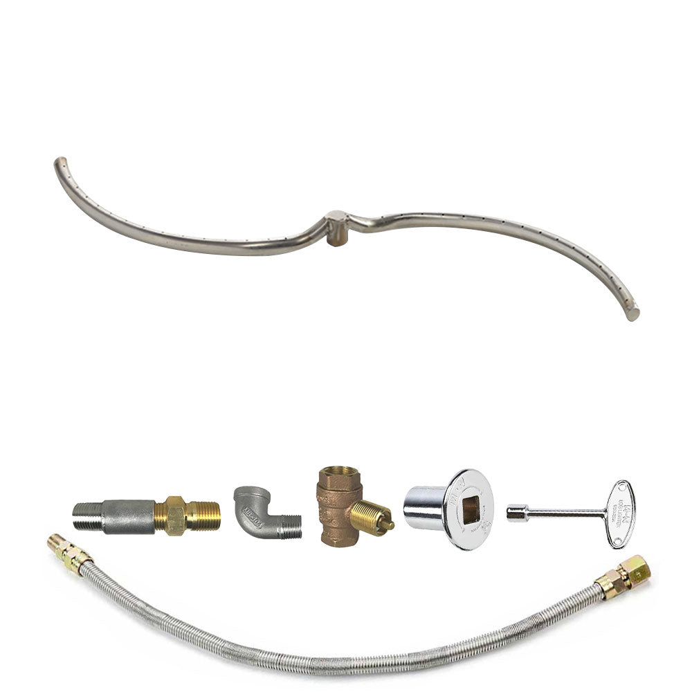 Gas fire pit burner kit parts with stainless burner tube, brass fittings, and control valve.