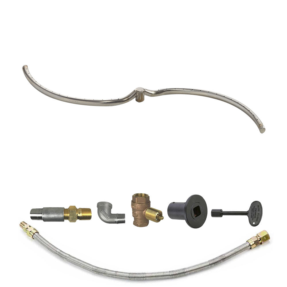 Gas fire pit burner kit parts with stainless burner tube, brass fittings, and black control valve.