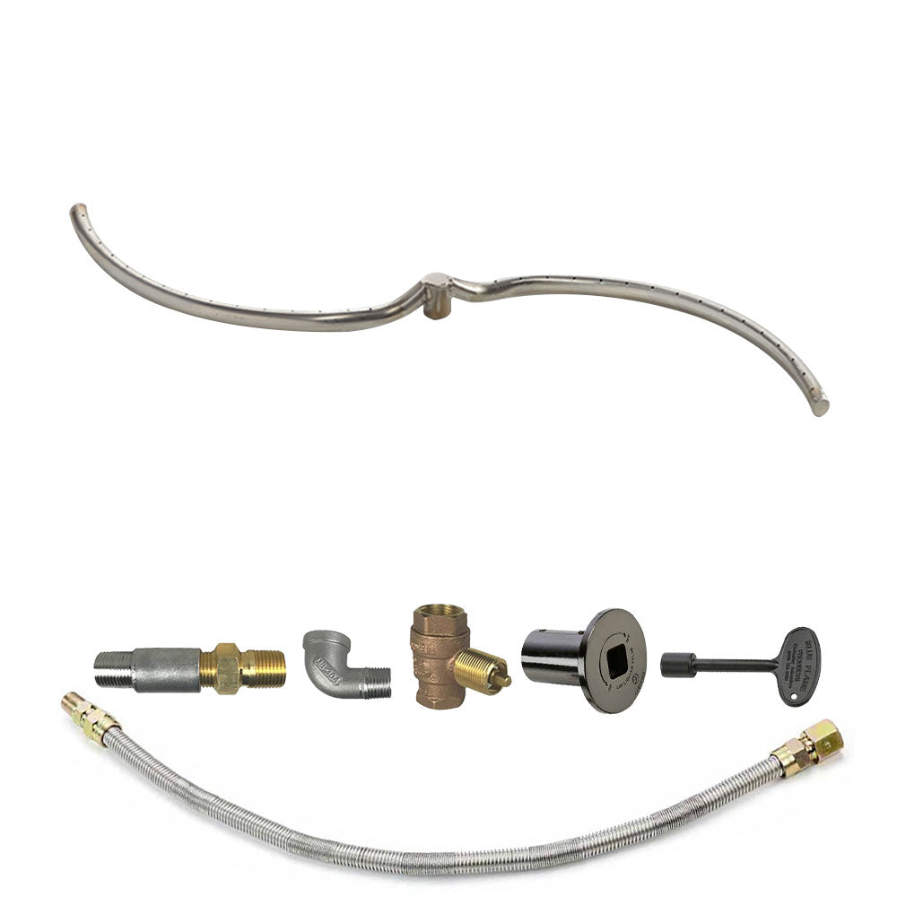 Gas fire pit burner kit parts with stainless burner tube, brass fittings, and black control valve.