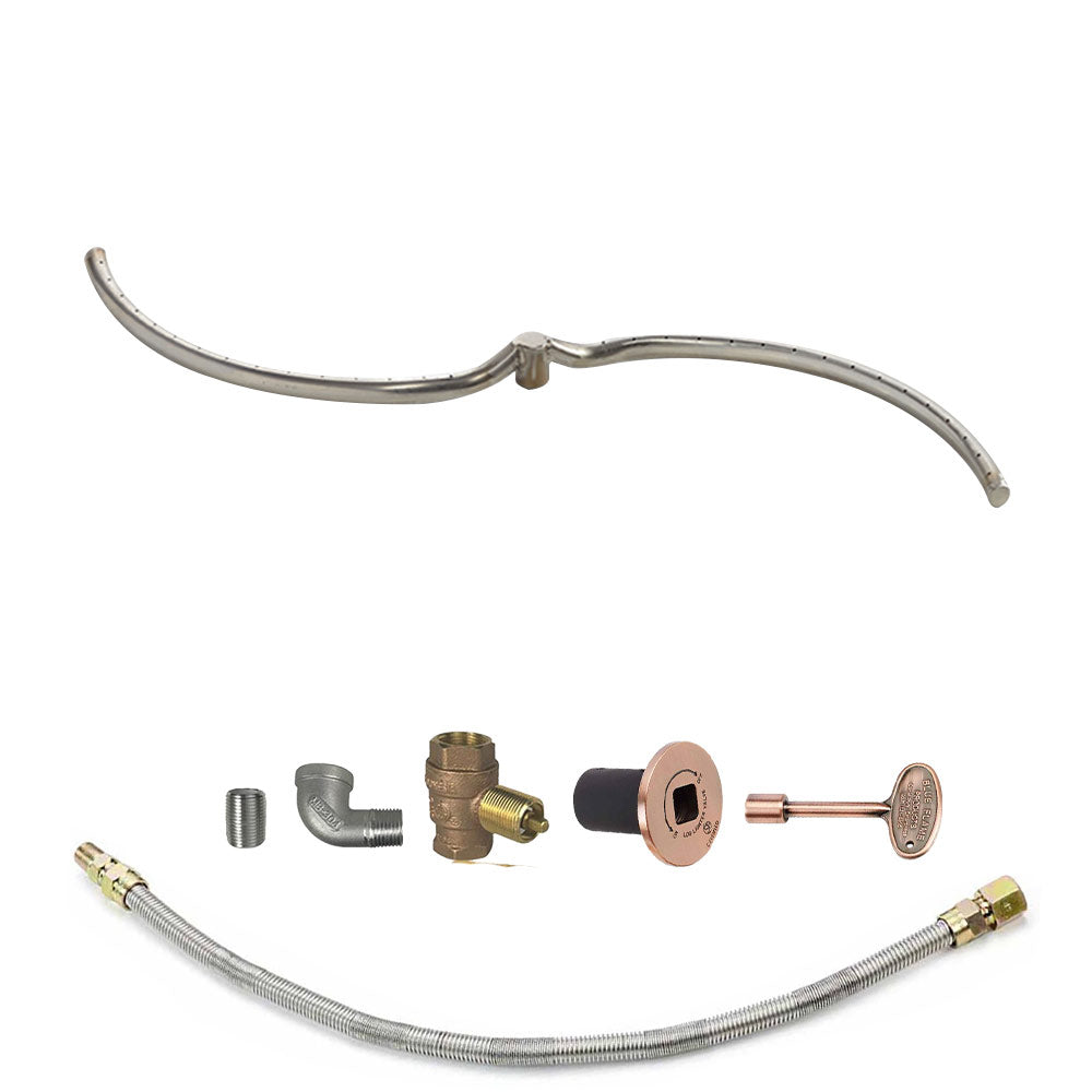 Gas fire pit burner kit parts with stainless burner tube, brass fittings, and bronze control valve.