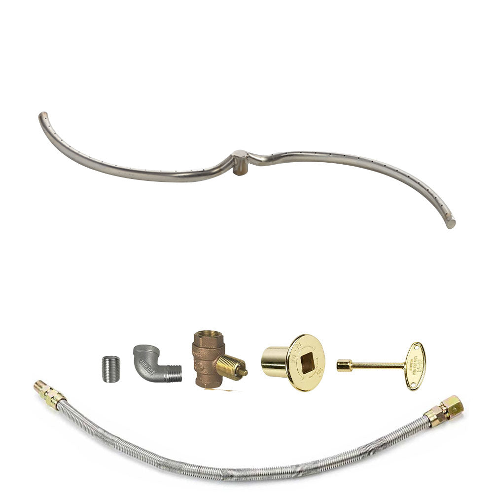 Gas fire pit burner kit parts with stainless burner tube, brass fittings, and brass control valve.