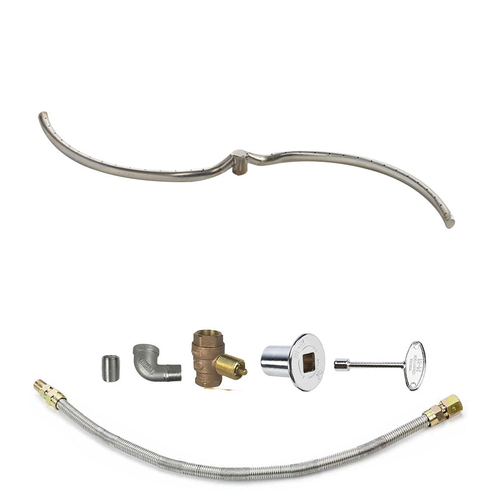 Gas fire pit burner kit parts with stainless burner tube, brass fittings, and black control valve.