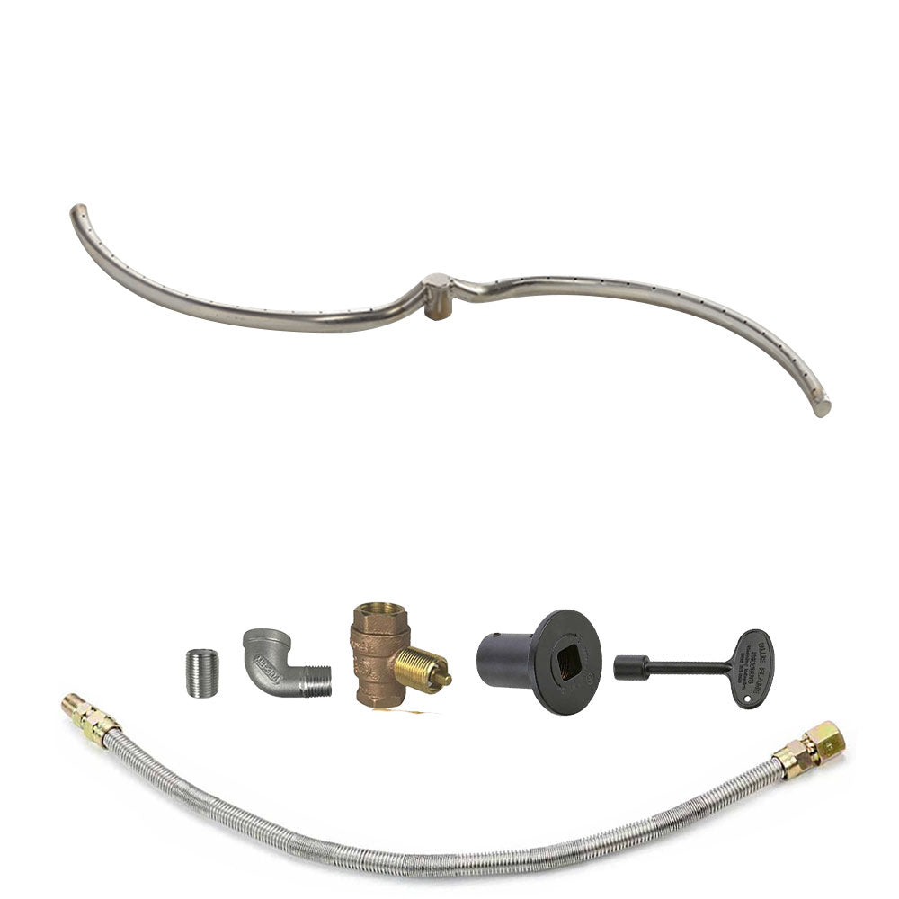 Gas fire pit burner kit parts with stainless burner tube, brass fittings, and black control valve.