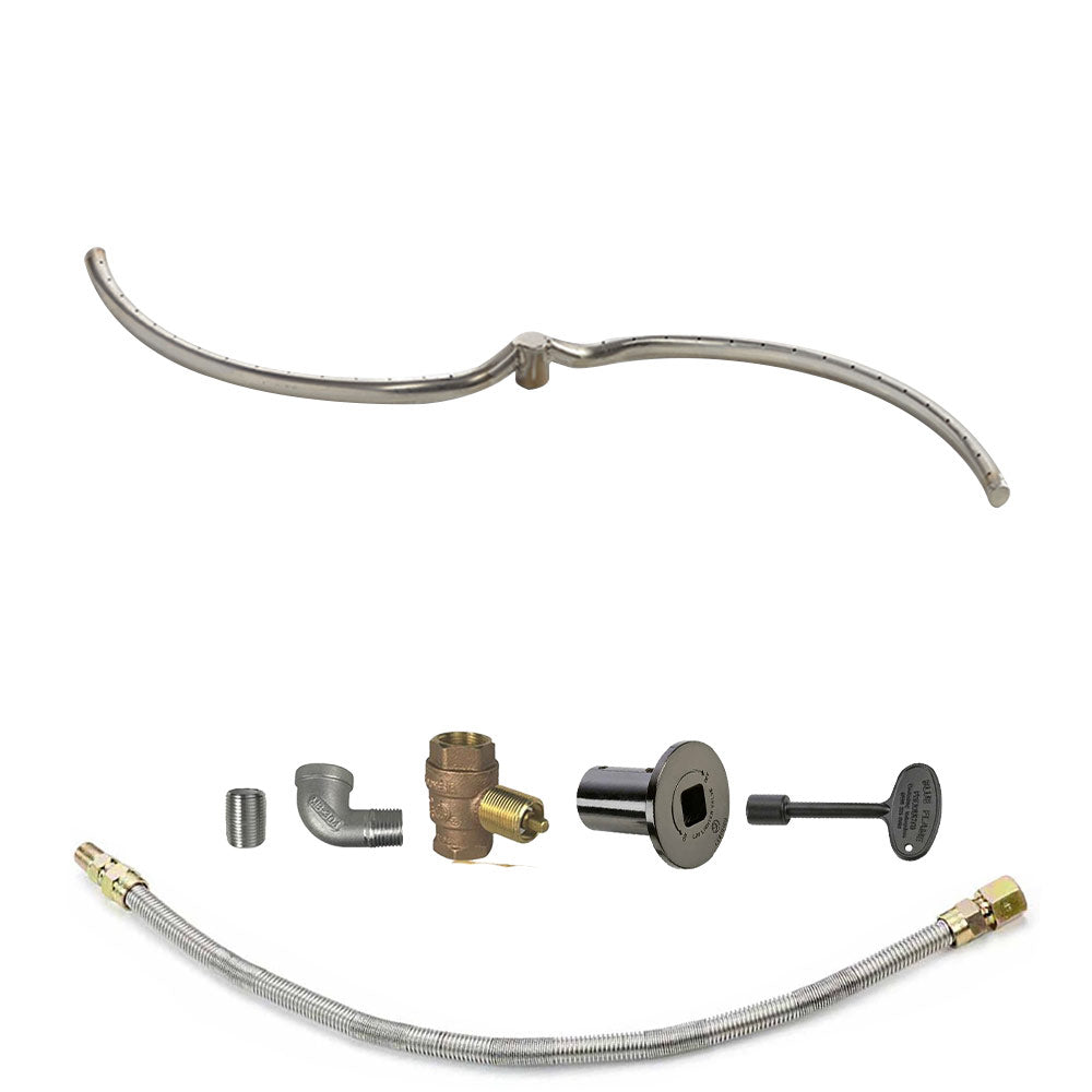 Gas fire pit burner kit parts with stainless burner tube, brass fittings, and black control valve.