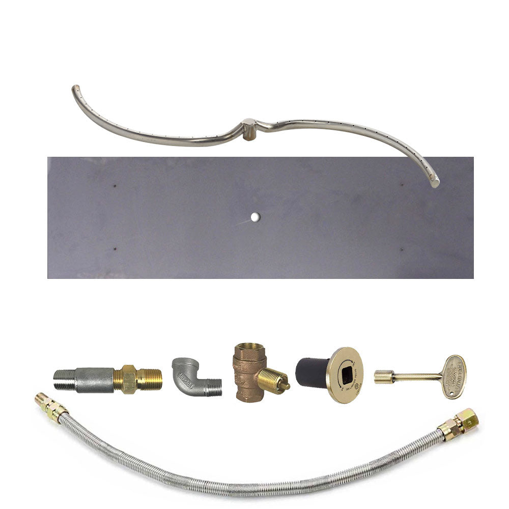 Fire pit burner kit with stainless gas line, brass fittings, and valve control