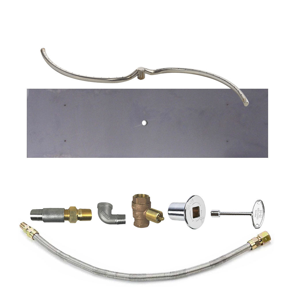 Fire pit burner kit with stainless gas line and chrome-finish valve control