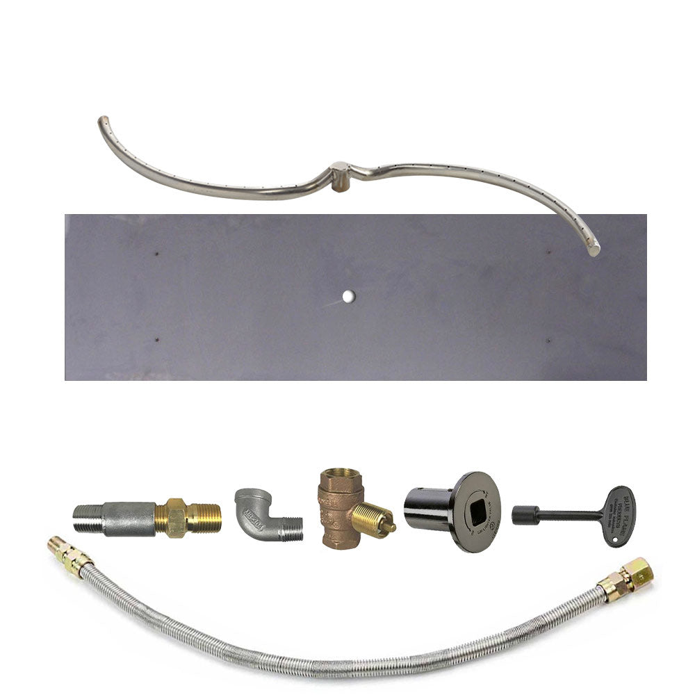 Fire pit burner kit with metal tube, flexible hose, brass valves, and dark control plate