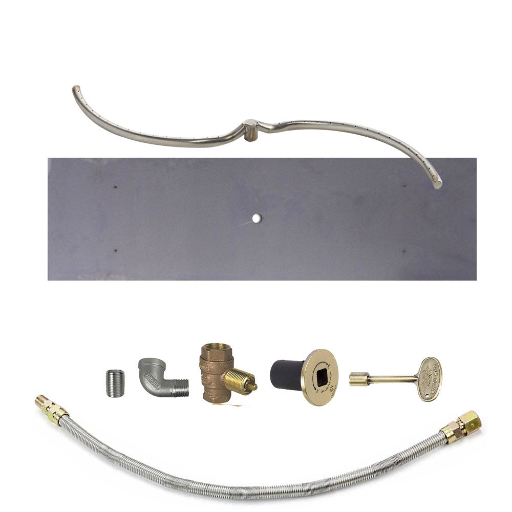 Gas fire pit burner kit parts with stainless burner tube and brass fittings, with control valve.