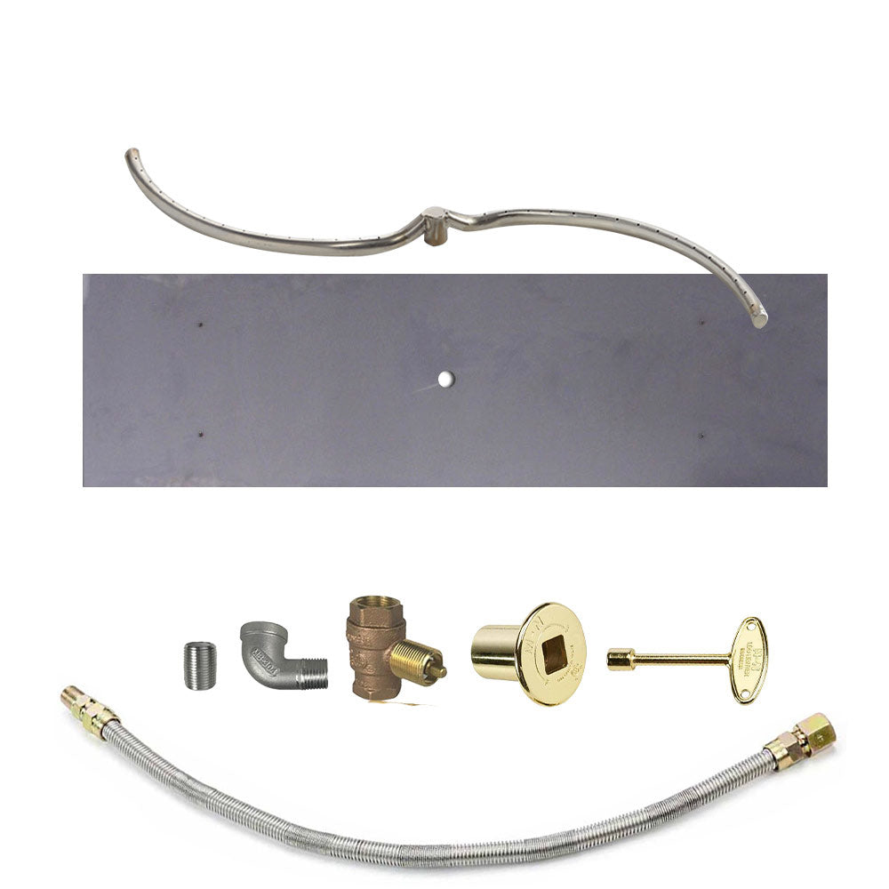 Gas burner kit with metal supply hose and brass fittings plus gold-colored control valve