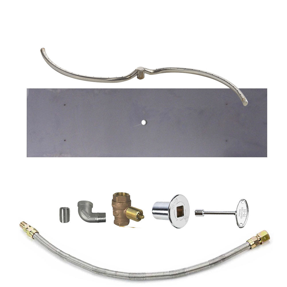 Gas burner kit with metal supply hose and brass fittings plus silver-colored control valve