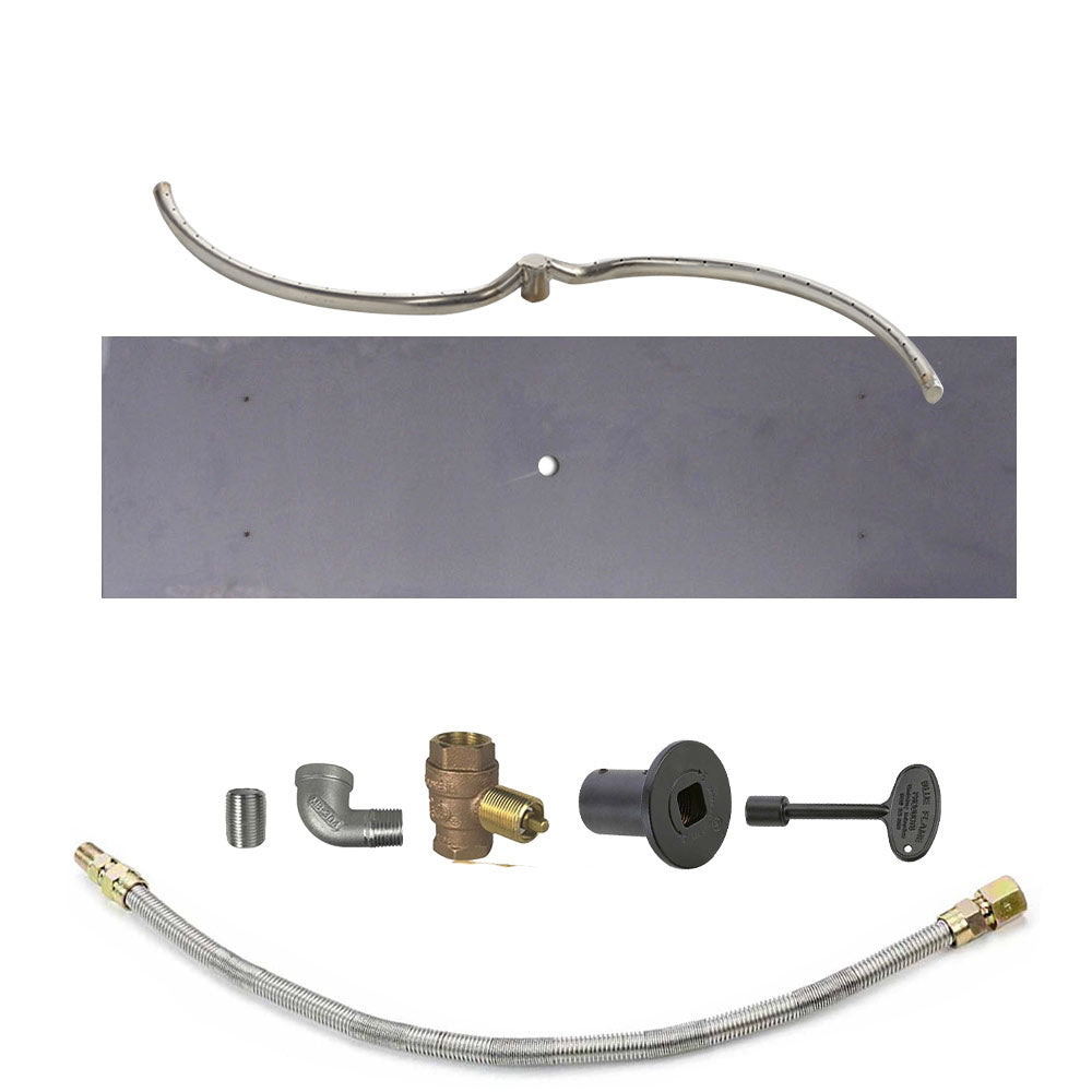 Gas burner kit with metal supply hose and brass fittings plus black control valve assembly
