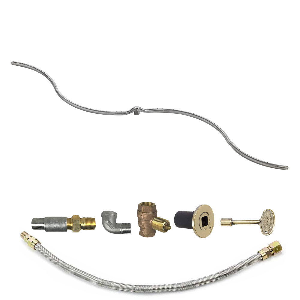 Gas burner kit components: metal hose, brass valve fittings, and control plate assembly