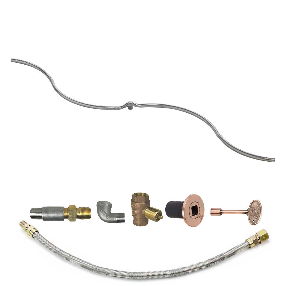Gas burner kit components: metal hose, brass valve fittings, and copper-colored control plate
