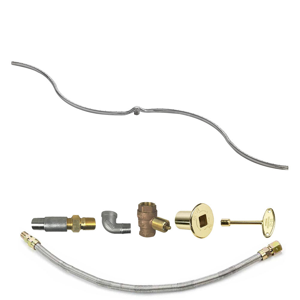 Gas burner kit components: metal hose, brass valve fittings, and gold-colored control plate