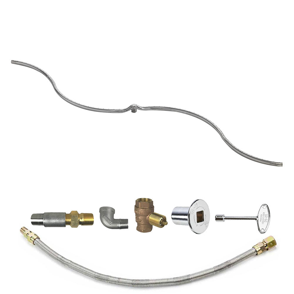 Gas burner kit components: metal hose, brass valve fittings, and silver-colored control plate