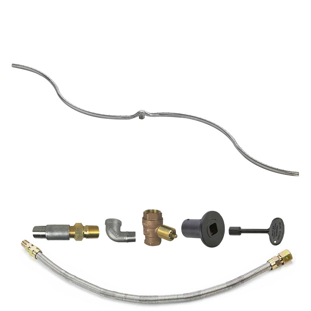 Gas burner kit components: metal hose, brass valve fittings, and black control plate