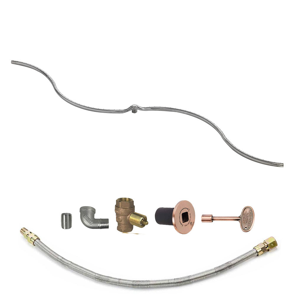Gas fire pit burner kit with flexible steel tube and copper-toned control head