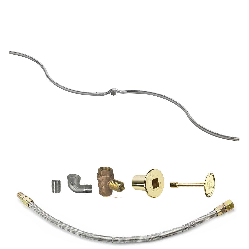 Gas fire pit burner kit with flexible steel tube and gold control head