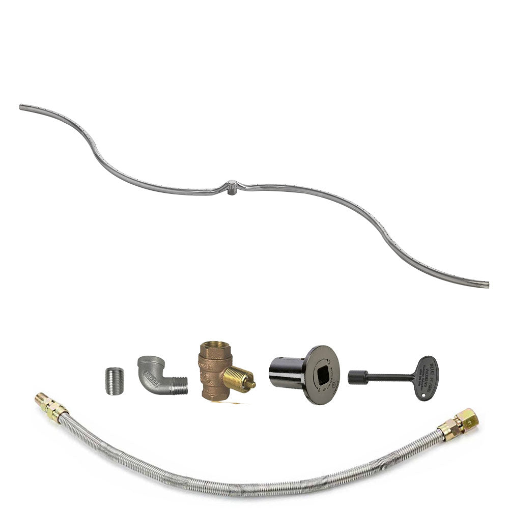 Gas fire pit burner kit with flexible steel tube, brass manifold, and black valve
