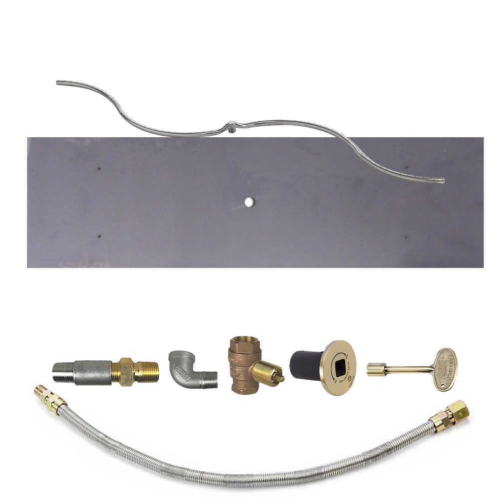 Fire pit burner kit with metal tube, flexible hose, brass fittings, and gold control plate