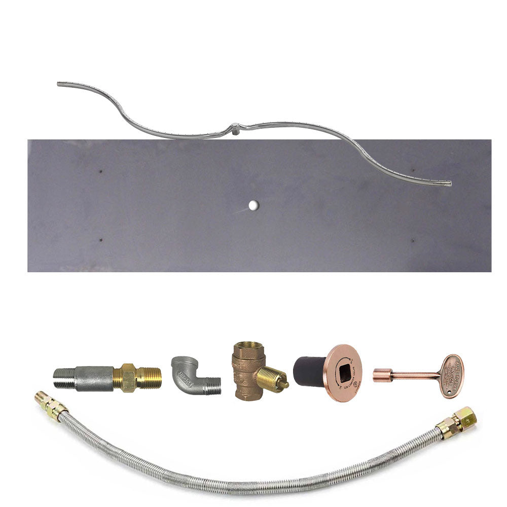 Fire pit burner kit with metal tube, flexible hose, brass fittings, and bronze control plate