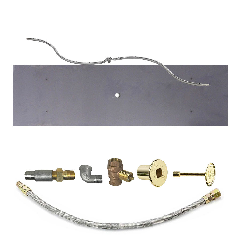 Fire pit burner kit with metal tube, flexible hose, brass fittings, and light gold control plate