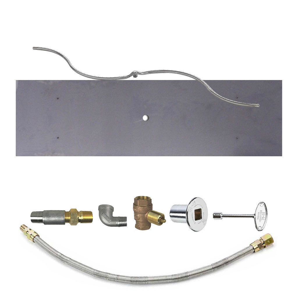 Fire pit burner kit with metal tube, flexible hose, brass fittings, and silver control plate