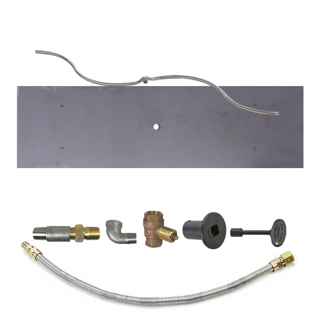 Fire pit burner kit with metal tube, braided hose, brass valves, and dark round plate
